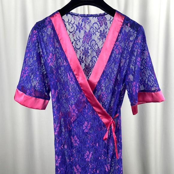 Vintage Purple Lace Wrap Robe Pink Satin Trim 80s Lingerie - Picture 2 of 16